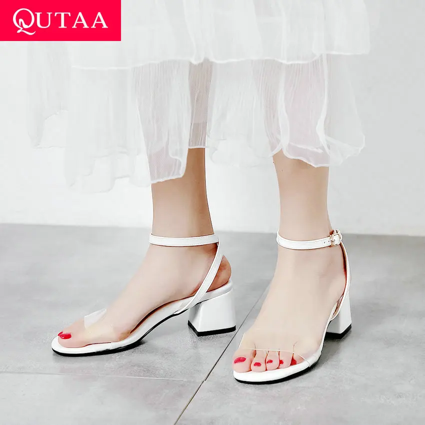 

QUTAA 2019 Women Sandals PU Leather Transparent Round Open-toed Buckle Square High Heel Slingback Anti-skid Pumps Size 34-43