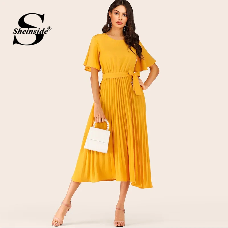 Sheinside Burgundy Button Keyhole Pleated Belted Dress Flounce Sleeve Women 2019 Spring Dresses Elegant Solid Ladies Dress