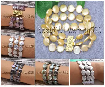 

X0008 3row 8inch 14mm nature coin freshwater PEARL bracelet