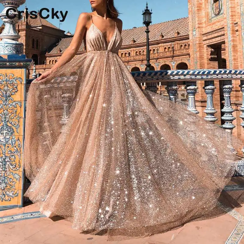 

CRISCKY Fashion Summer Elegant Long Dress Women Backless Deep V Neck Sleeveless Empire Waist Slit Dresses Ladies Party Dresses