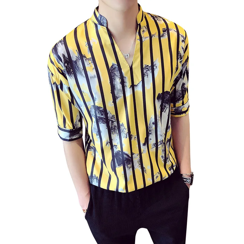 

Men Shirt Male Dress Shirts Striped Men's Fashion Casual Long Sleeve printing Shirt camisa Large size five-point sleeve shirt