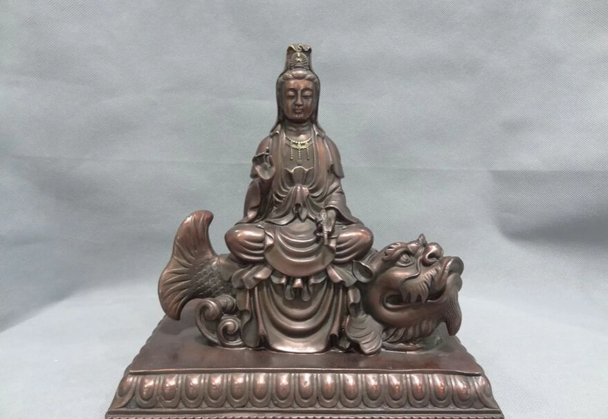 

song voge gem S4539 9" Chinese Pure Bronze Fengshui Guan Yin Kwan-Yin Pot Ride Dragon Fish Statue