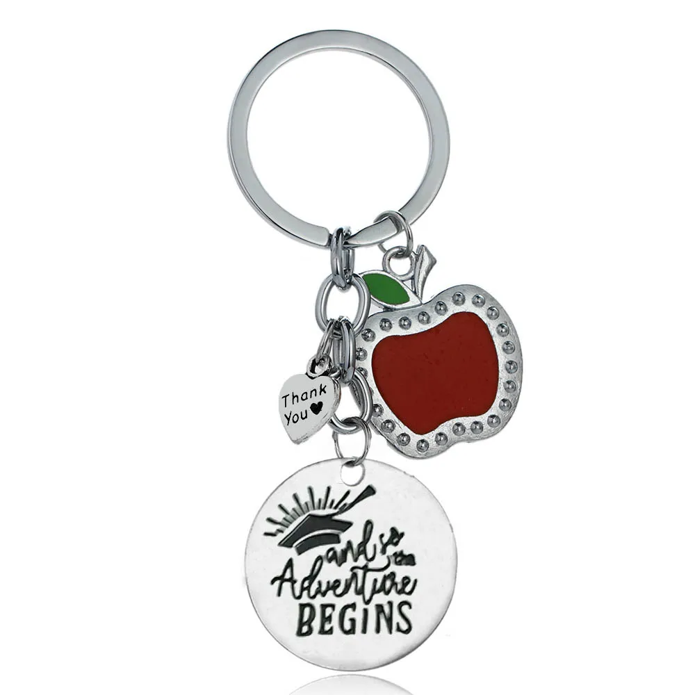 

12pc Wholesale Thank You Heart Red Apple Student Cap Begins Pendant Keyring For Family Friends Women Girls Charm Jewelry Gifts