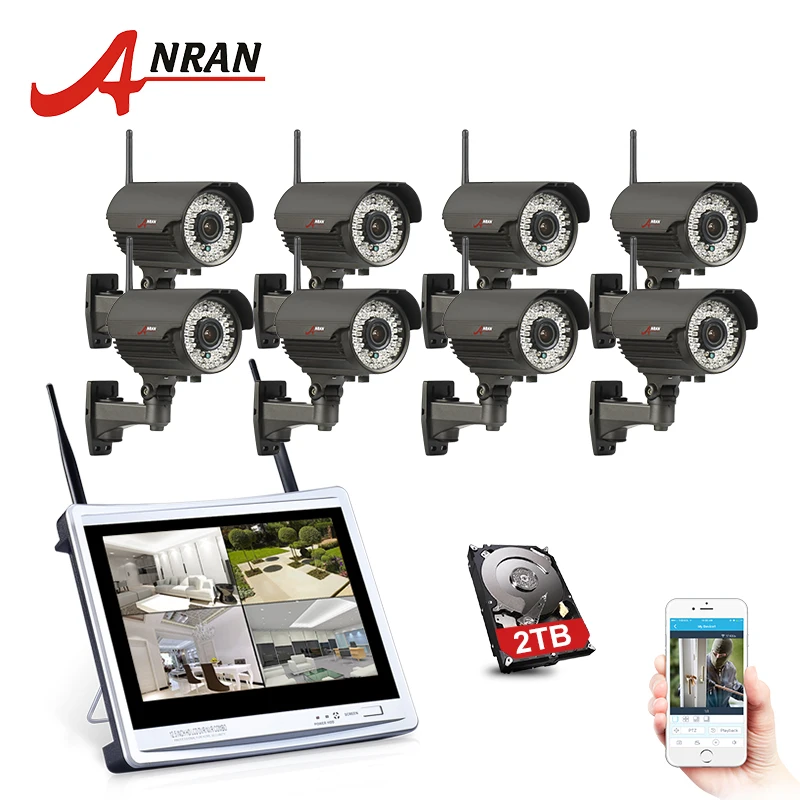

ANRAN 12'LCD Screen WIFI NVR 8PCS 960P HD WIFI Security CCTV System Outdoor Video Surveillance Kit 78IR Leds Security Camera Kit