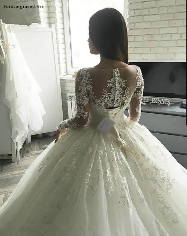 2019 Modest New Arrival Ball Gown Wedding Dresses Lace Appliqued Long Sleeve Sheer Back With Button Covered Belt Long Dubai Arabic Gowns  195 (1)