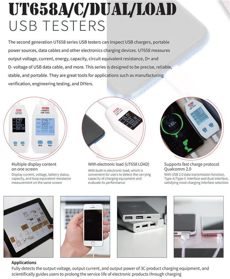 UNI-T UT658A/UT658C/UT658Dual/UT658LOAD Second-generation Type-A/Type-C USB tester; voltage/current/charge/capacity detector