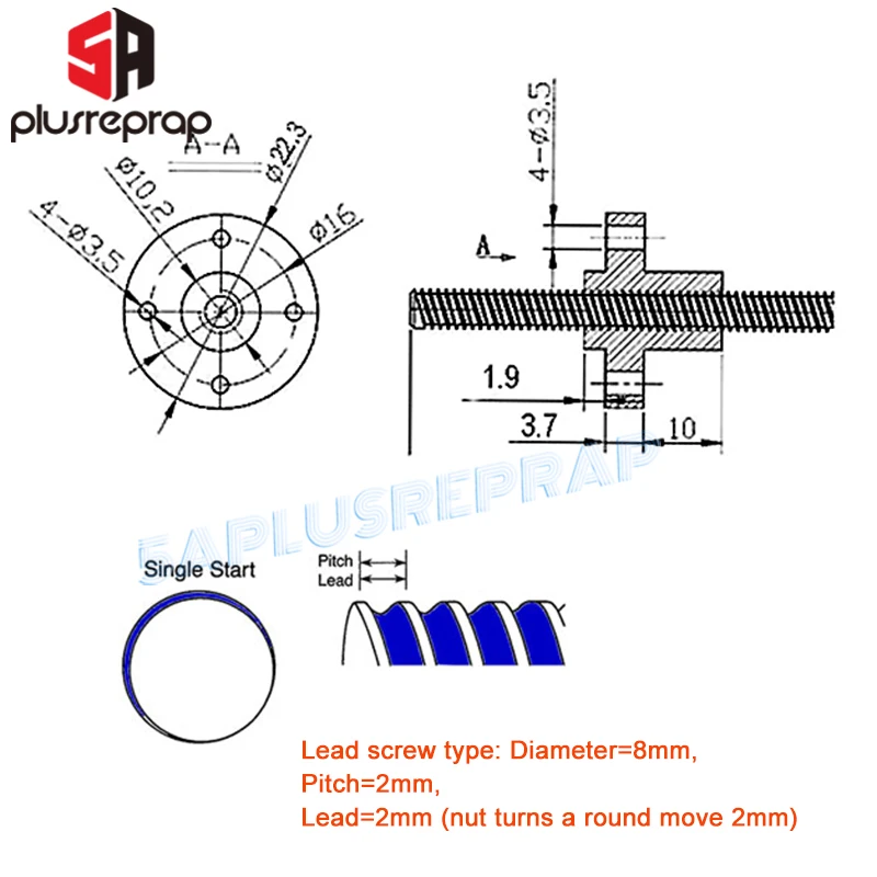 Parafuso de Chumbo com Porca de Bronze mm Pitch mm 150 mm 200 mm 250 mm 300 mm 350 mm 400 mm 500 mm para Reprap Impressora 3d z Axis t8 - Imagem 5