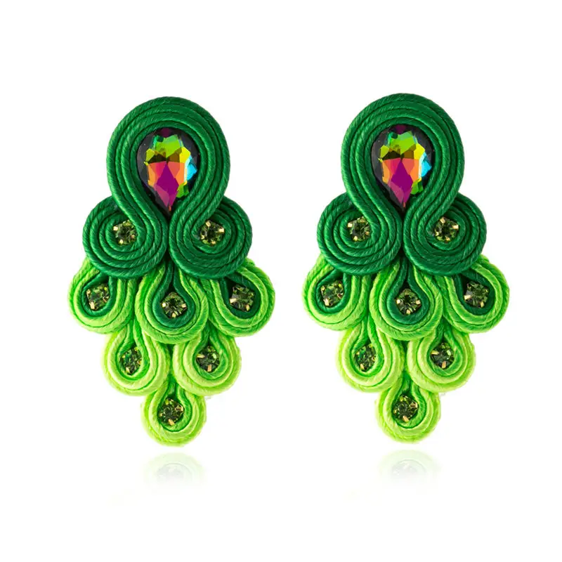 KPacTa, модные сутажные длинные серьги ручной работы, этнические ювелирные изделия для женщин, украшение из кристаллов, хвосты павлина, серьги в форме капель Oorbellen - Окраска металла: green