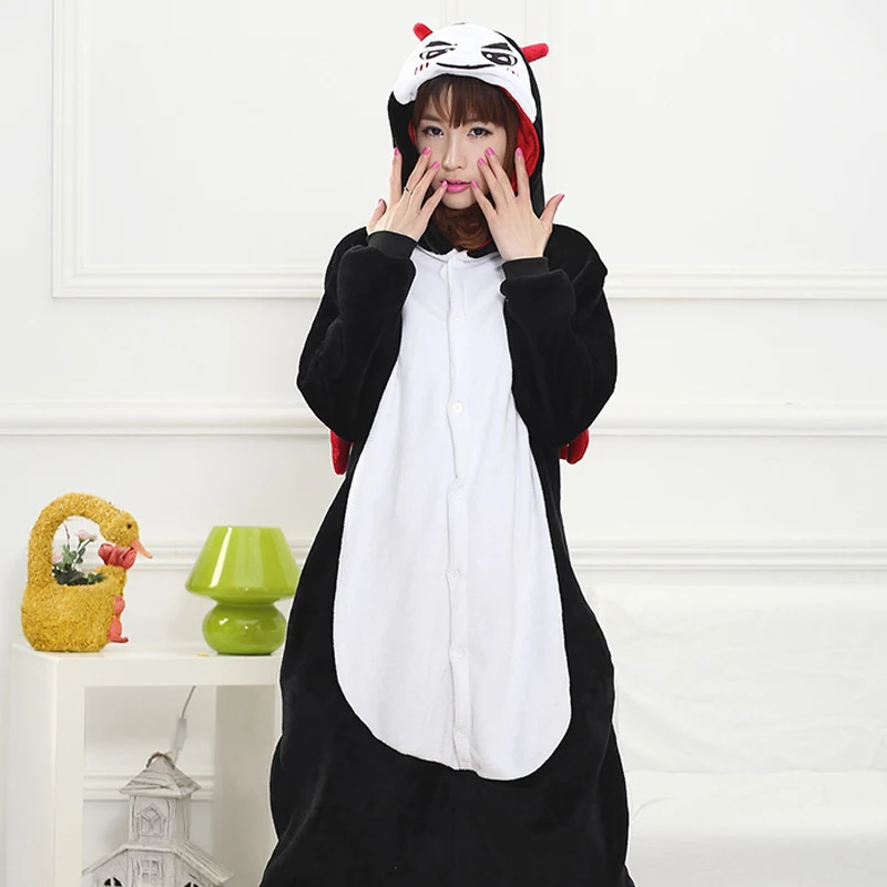 Funny Black Devil Kigurumi Soft Flannel One-Piece Pajamas Warm Demon Halloween Onesie For Adults Cosplay Party Costume Sleepwear (3)