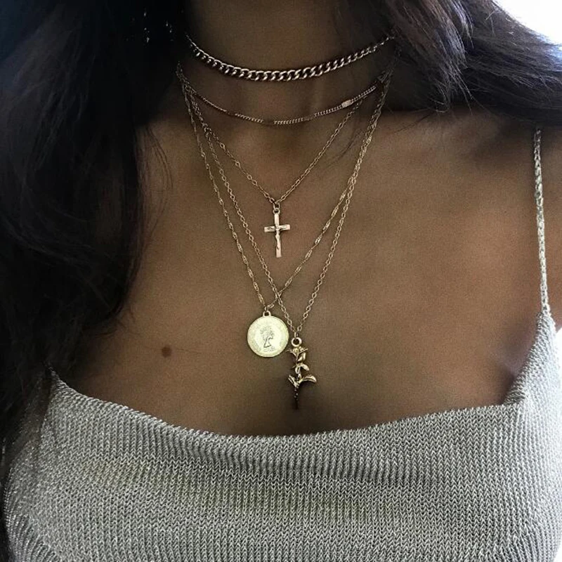 

Tocona Fashion Boho Gold Chain Multi Layered Round Coin Cross Rose Flower Necklaces&Pendants Necklace Choker Collier Femme 5944