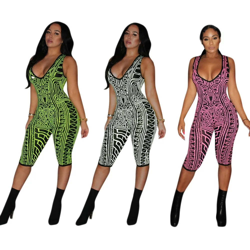 

2019 New Sexy Deep V-nec Skinny Rompers Sleeveless Print Womens Bodycon Jumpsuit Streetwear Plus Size Ladies Playsuit Overalls