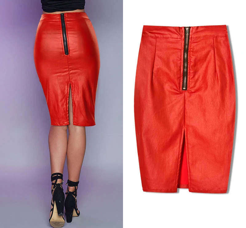 2017 new European and American wind punk high waist Slim stretch Maccaron big red leather imitation leather cowboy half body pack hip skirt after the fork (8)