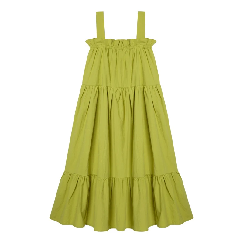 PERHAPS U Green Strap Sleeveless Slash Neck Solid Loose Casual Maxi
