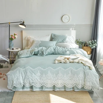

Cotton 4pcs full queen king size simple princess lace bed sheet pościel sabanas set solid color bedding set free shipping MR