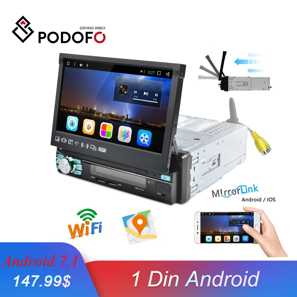 Цена Podofo 1 din Android автомобильное радио font b GPS b font встроенный WIFI автоматический выдвижной экран Bluetooth стерео AM FM RDS радио зеркальное соединение