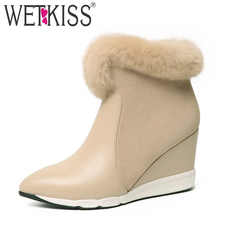 

WETKISS High Heels Women Boots Pointed Toe Wedges Fur Footwear Cow Leather Female Ankle Boot Platform Shoes Women 2018 Winter