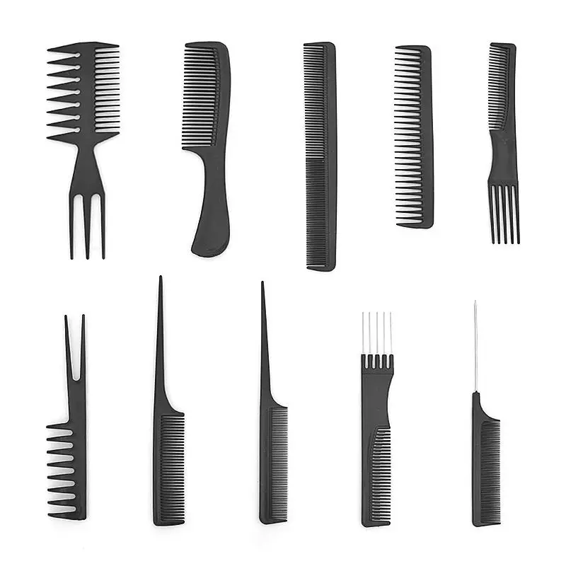 10pcs/set Pro Salon Hair Cut Styling Hairdressing Barbers Combs Brushes with Storage Bag High Quanlity - Black
