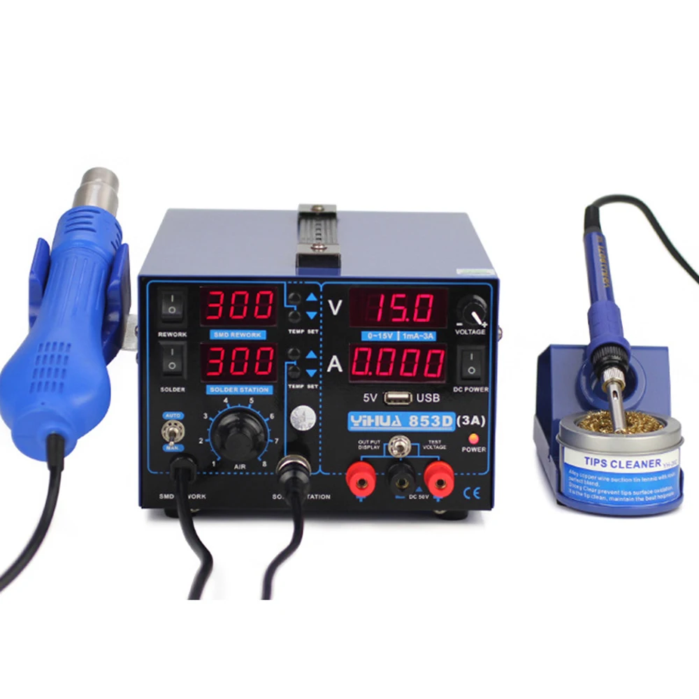Паяльная станция 3 в 1 YIHUA 853D 3A USB термовоздушный пистолет SMD блок питания