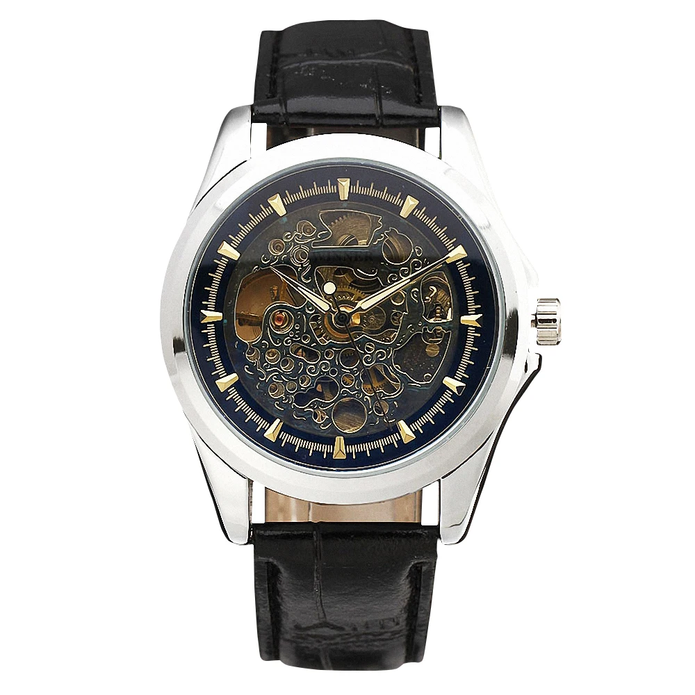 

2018 WINNER Retro Men's Automatic Mechanical Wristwatch Black Leather Strap Skeleton Dial Top Luxury Design Watch + GIFT BOX