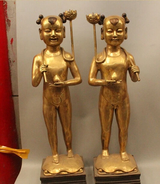 bir 006478 31" China Bronze Stand Tong Zi Boy Girl Lotus Flower Ru Yi