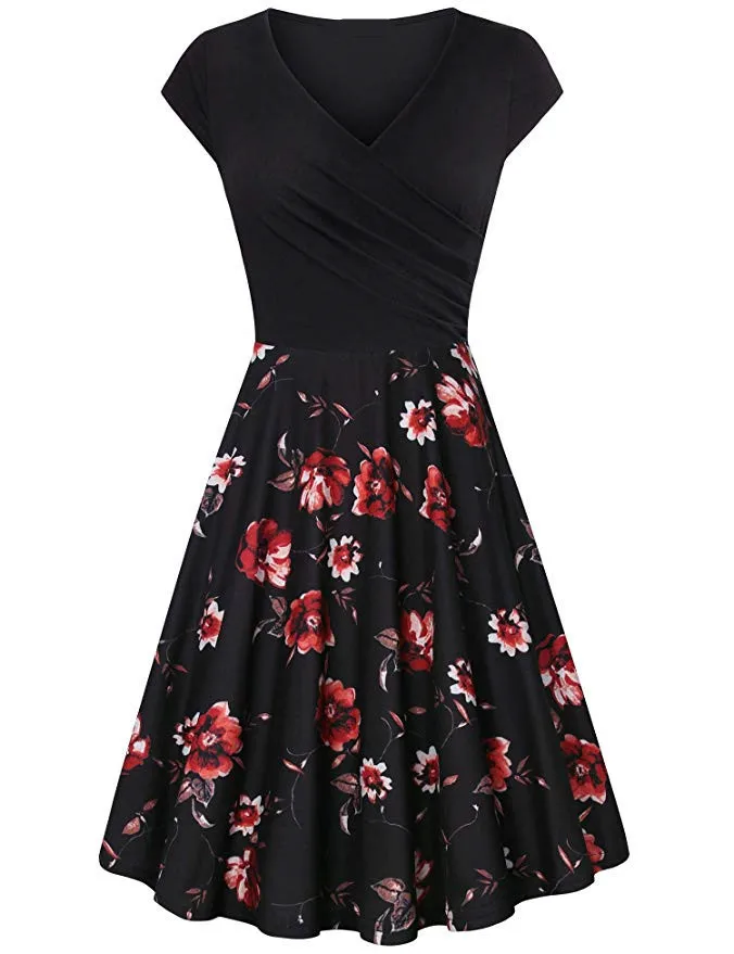 S-3XL Plus Size Summer Women Dresses Female Floral Print 50S 60S Vintage Rockabilly Dress Casual Dot A-Line Retro Dress Vestidos - Цвет: 9957 Rose black