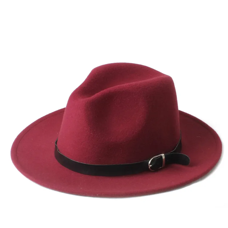 Новая мода Мужские Женские Chapeu Feminino Fedora Шляпа с широкими полями кожаный ремешок Джаз церковная Кепка Панама Федора топ шляпа от солнца 20 - Цвет: Wine red