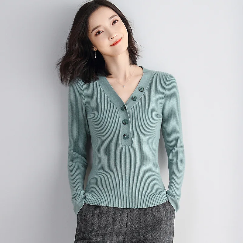 

T-shirt Women Viscose Knitted Deep V Neck Long Sleeves Button Decoration Solid 3 Colors Basic Top Casual Clothing Fashion 2019