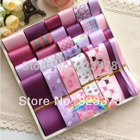 

Free shipping Polyester,satin,grosgrain,printed ribbon diy hair accessory bow material kit elegant pinkish purple ribbon set