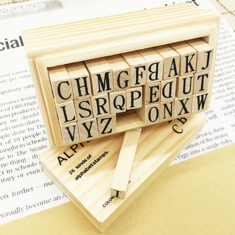 

26pcs/Set Vintage Capital Alphabet Letter Decoration Wood Stamps Set Wooden Box