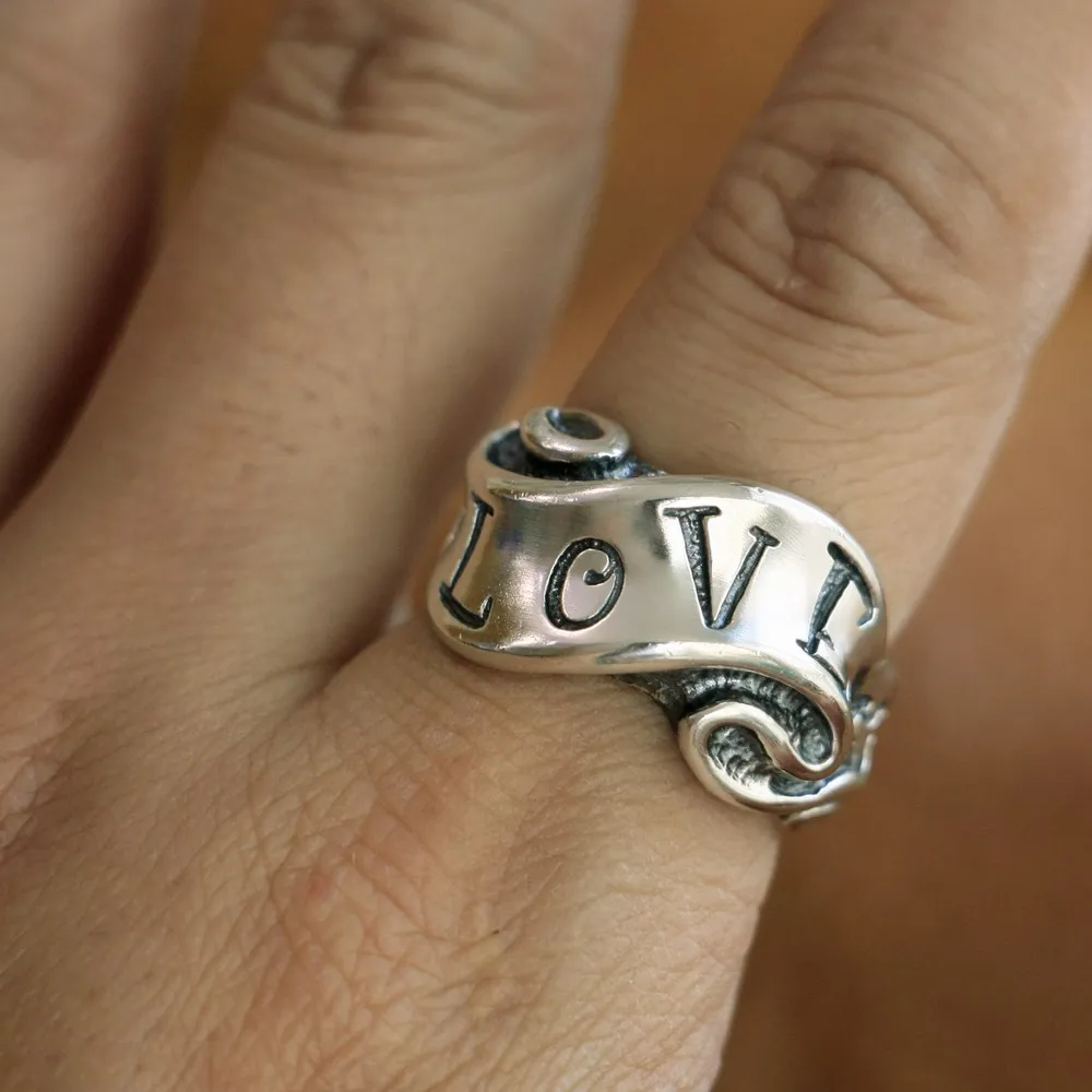 

925 Sterling Silver Love & Hate Ribbon Ring Biker Punk Ring TA105 US 7 to 15