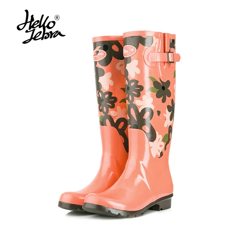 

Hellozebra Women Tall Rain Boots Ladies Low Hoof Heels Waterproof Graffiti Buckle High Nubuck Round Toe Rainboots Rubber Shoes