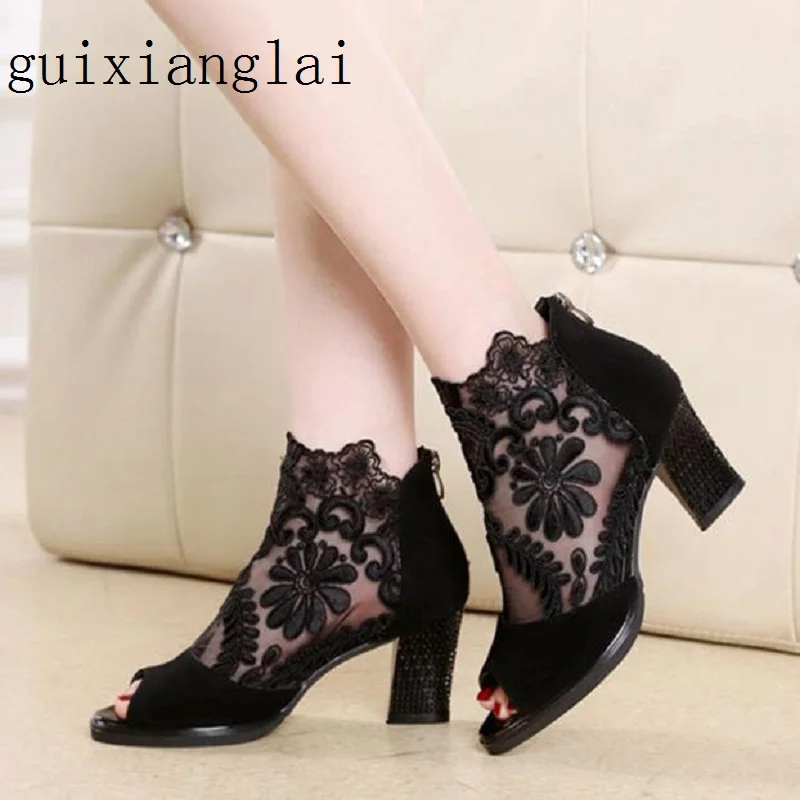 

2019 new mesh openwork fish mouth women's thick with breathable lace high heel women's shoes