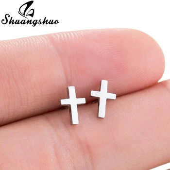 Shuangshuo Punk Korean Earrings Cross Stainless Steel Earrings Cross Stud Earrings Women Jewelry Studs Small Earrings oorbellen