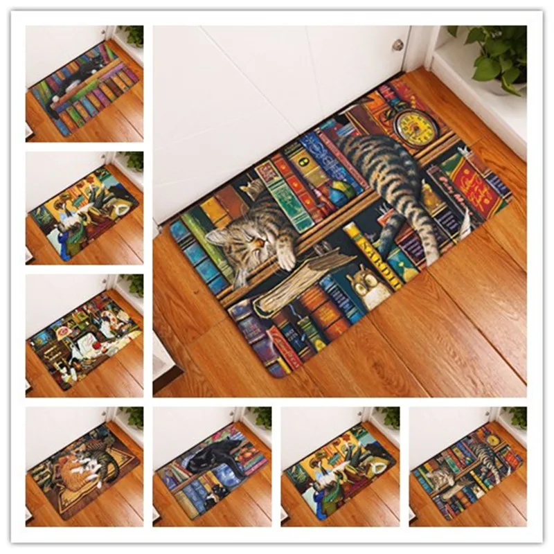 

Rectangle Light Welcome Home Door Mats Funny Lazy Bookshelf Sleeping Cat Pattern Carpets 40*60cm Thin Bathroom Carpets