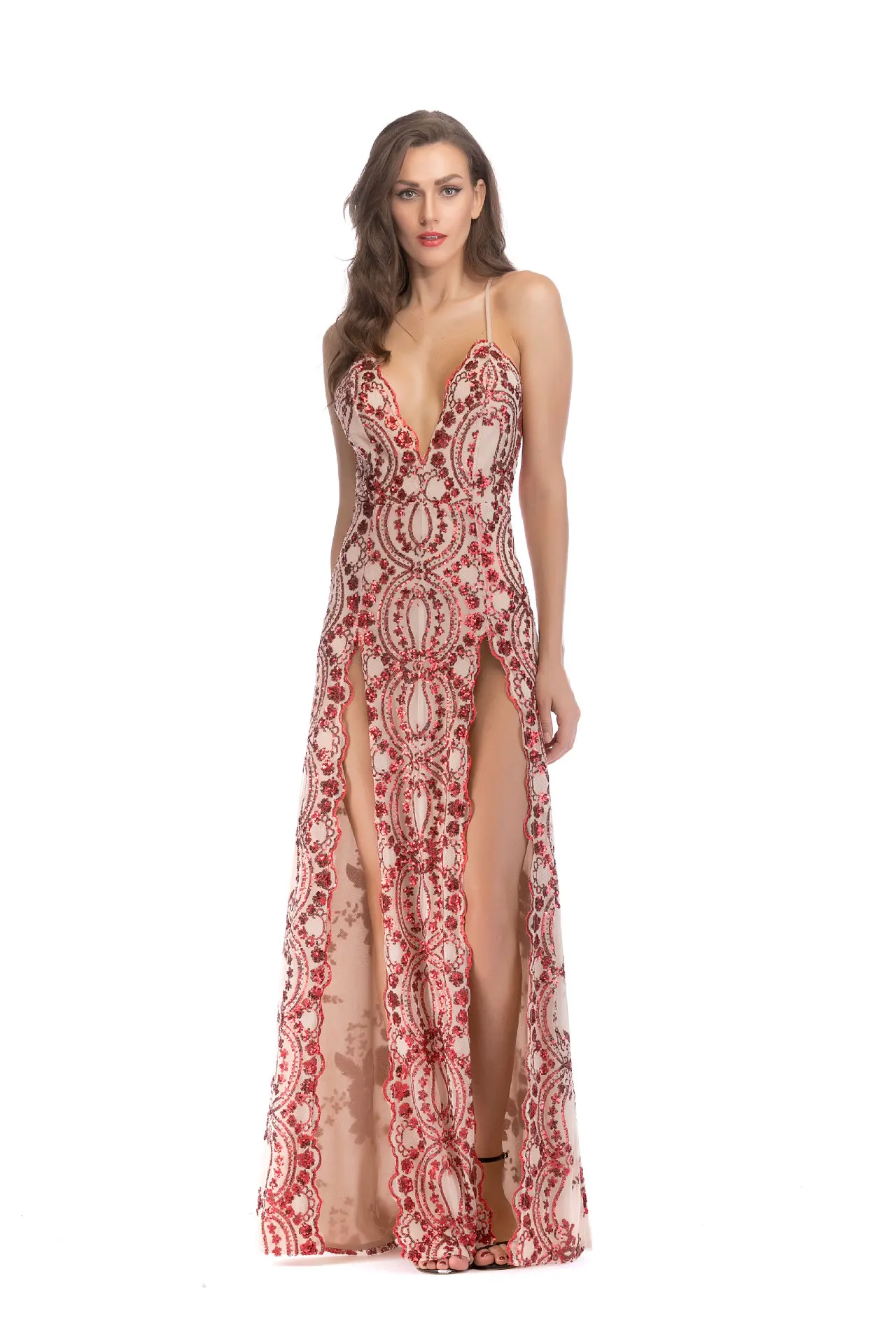 2018  new black Chinese sequined V-neck sexy halter mop long dress Sling large swing large size female dinner dress free shpping