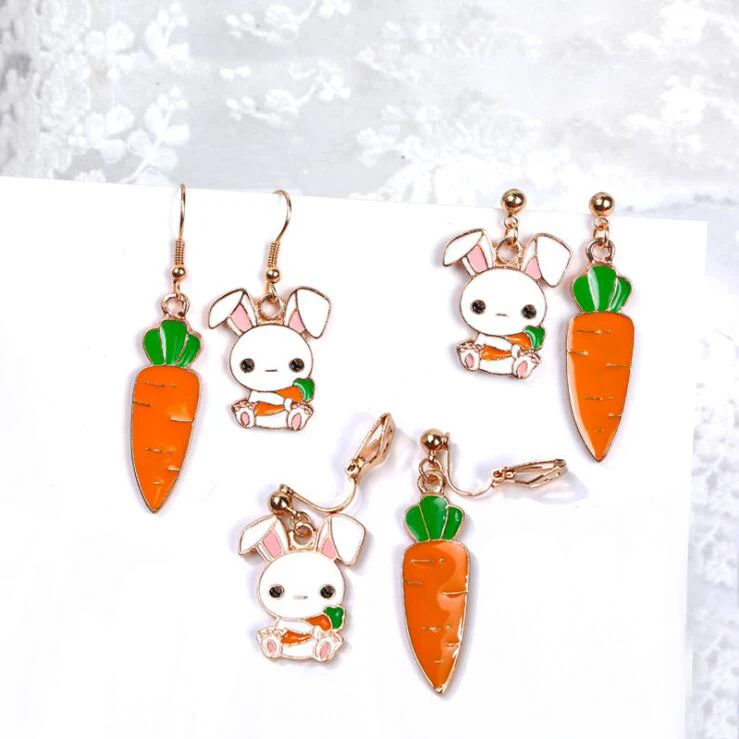 

New cute bunny and carrot earrings ear clip ear hook fairy tale cartoon exquisite girl asymmetrical small tassel earrings fashio