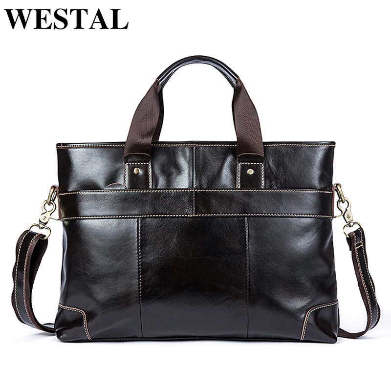 WESTAL Men's Leather Bag for Men Briefcases Bags Man Genuine Leather Laptop Bag Shoulder Messenger Bags a4 Document Briefcases