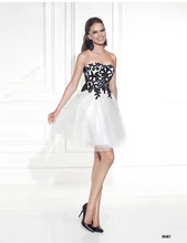 Neue Ankunft Homecoming Kleider Trägerlosen Ausschnitt Black Lace Appliques Weiße Farbe Short Mini Cocktailkleider 2015 Tarik Ediz