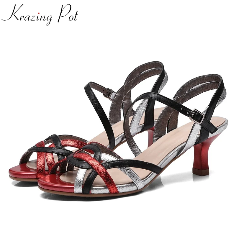

Krazing Pot 2018 new arrival sheep leather ankle straps peep toe 5cm stiletto high heels mixed color women European sandals L61