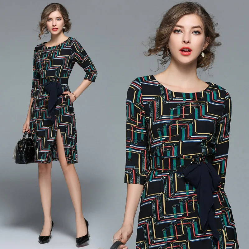 

Plaid Print Slim Tunic Bow Split Hem Knee Length Dress Elegant Sexy Office Party Fashion Dress 2019 Spring Clothing