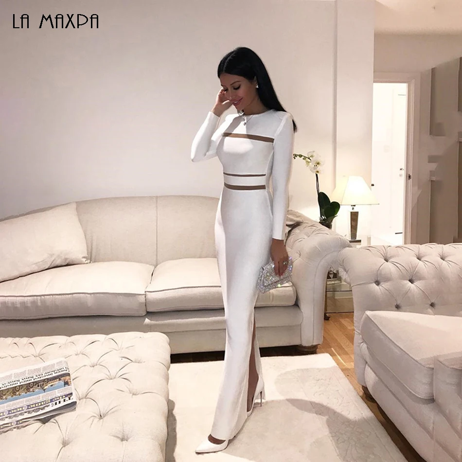 

2019 New Women White Long Sleeve Maxi Dress Sexy Winter Long Runway Dress Vestidos Nightclub Celebrity Party Dresses