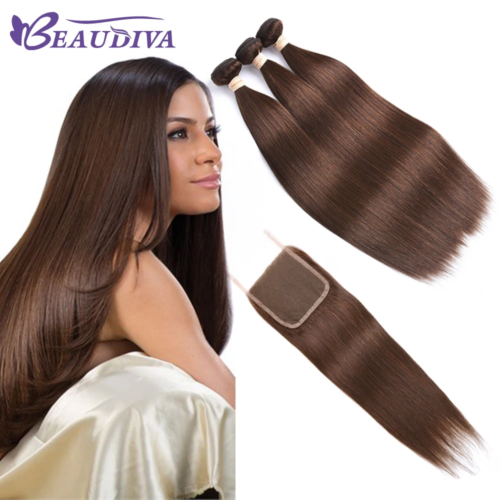 BEAUDIVA Pre-Colored Human Hair Weave with Closure 4*4 Three Bundles with Closure 2# 4# Dark Brown Brazilian Straight Human Hair