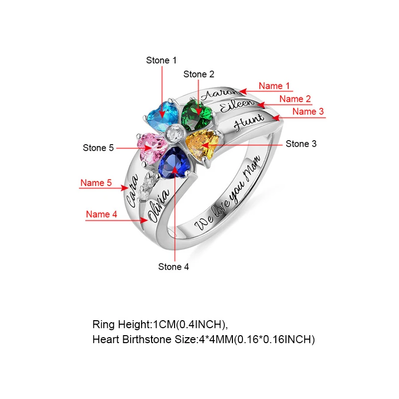 Персонализированные 925 пробы Серебряные Кольца На заказ камень-талисман в форме сердца кольцо с 2-5 именами ювелирные изделия для ее матери день подарок женские кольца