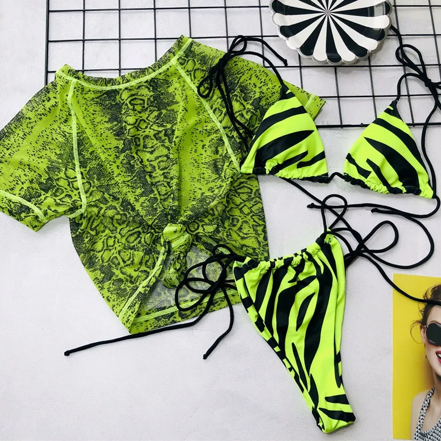 

2019 Micro Bikini Set Sexy Neon Green Bikinis Flame Snake Print Knots Swimwear Women Swimsuit 3 Pieces Bathing Suits Biquini