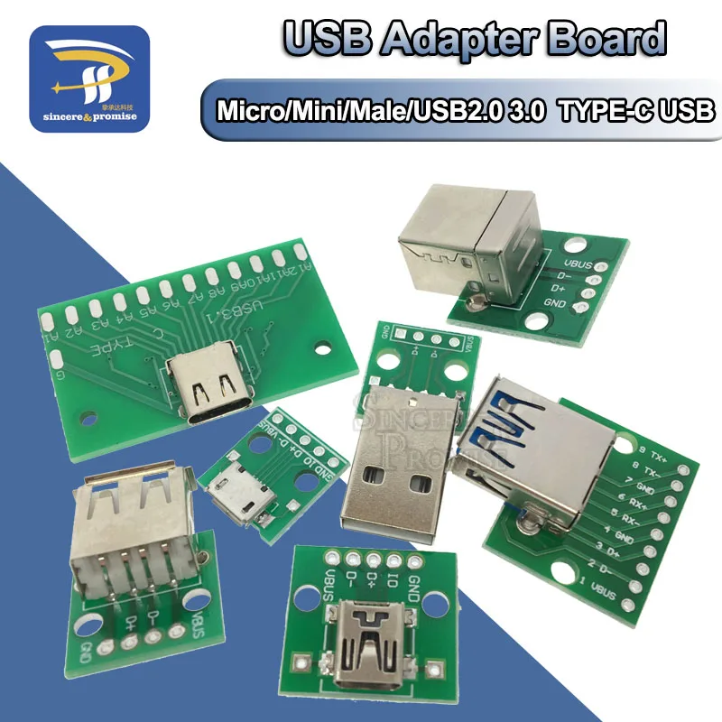 

10PCS PCB USB Male Connector / MINI MICRO USB to DIP Adapter 2.54mm 5pin Female Connector B Type-C USB2.0 3.0 Female Square