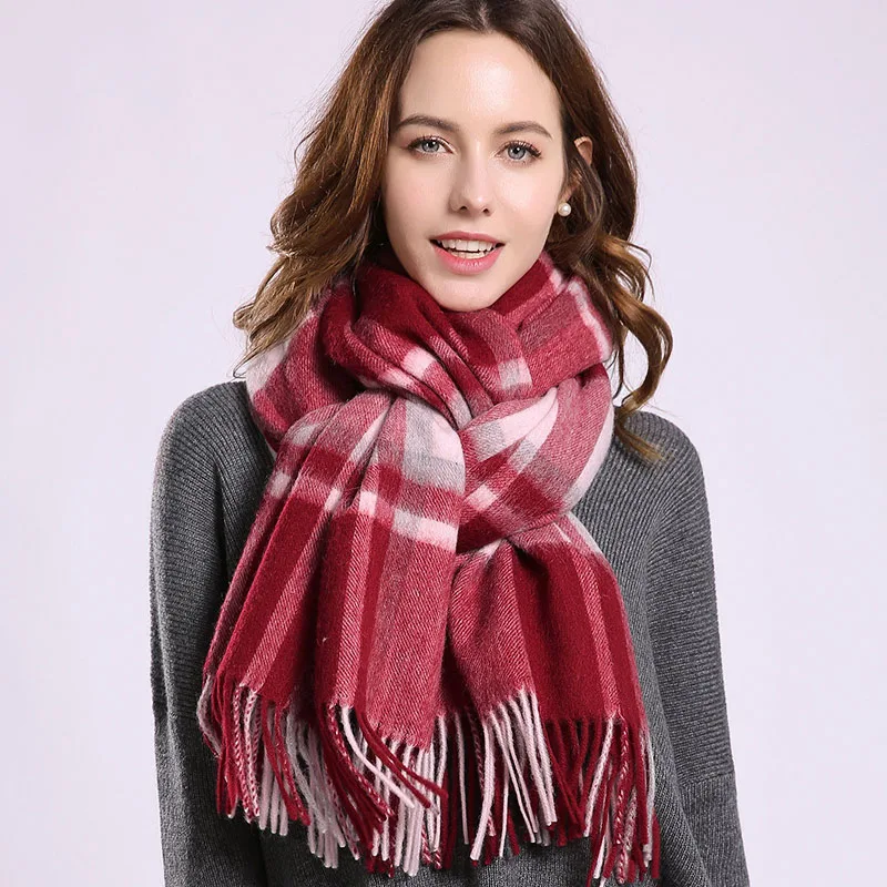 Клетчатый шерстяной шарф для женщин, зимние шали и обертывания, Дамский бренд, плотный кашемировый клетчатый теплый шарф, шерстяной шарф - Цвет: Color 3