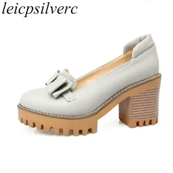 

Women Pumps Shoes High Heels Sexy New Fashion Square Heel Platform 2018 Spring Autumn Pu Butterfly-knot Casual Shoes Black Grey