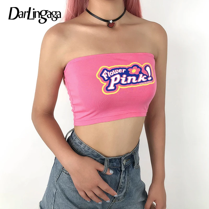 

Darlingaga Harajuku Cotton Pink Sweet Tube Top Bandeau Strapless Letter Print Casual Summer Crop Tops Short Slim Tank Top Women