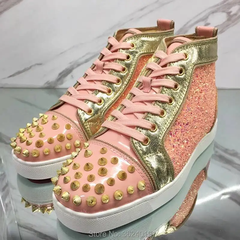 

clandgz High-Cut shoe Pink Bling bling Glitter Lace-Up Rivets Front Fashion Red bottom Shoes Sneakers leather casual 2018 female