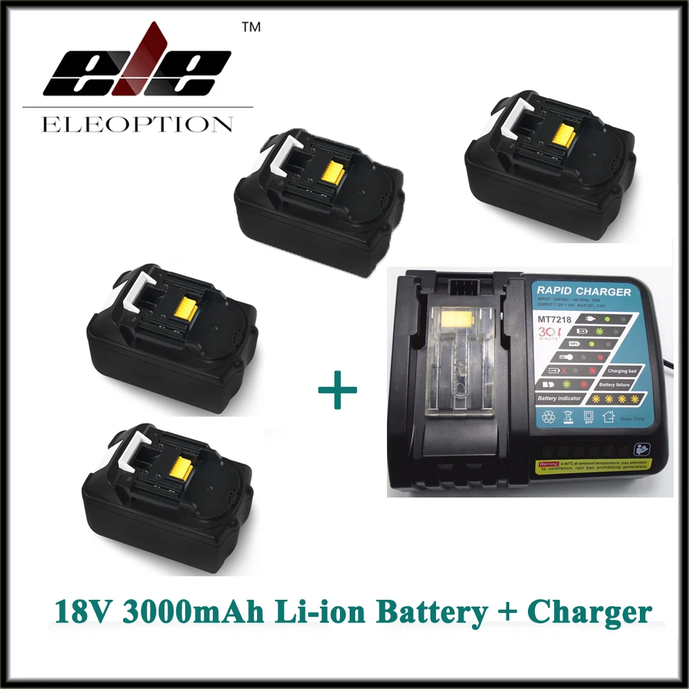 

Eleoption 4 PCS Recharegeable Power Tool Battery 18V 3000mAh 3.0Ah Lithium-ion for Makita BL1830 BL1840 + Charger